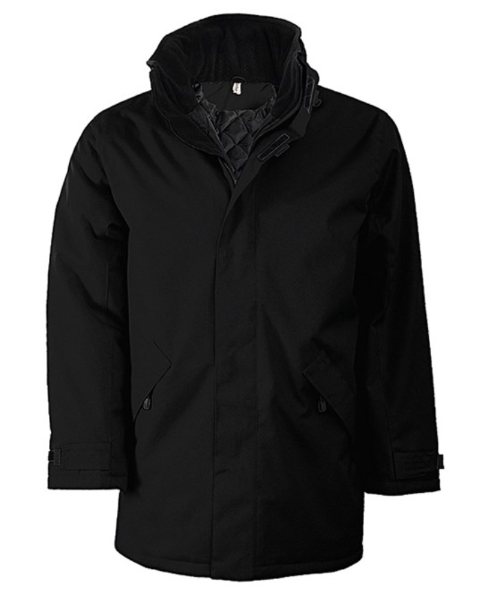 Quilted lined parka jacket with multiple pockets, embroidred logo left breast.